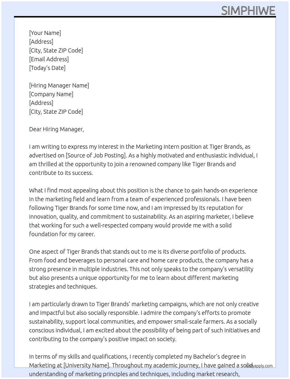 Marketing intern  At Tiger Brands  Cover Letter