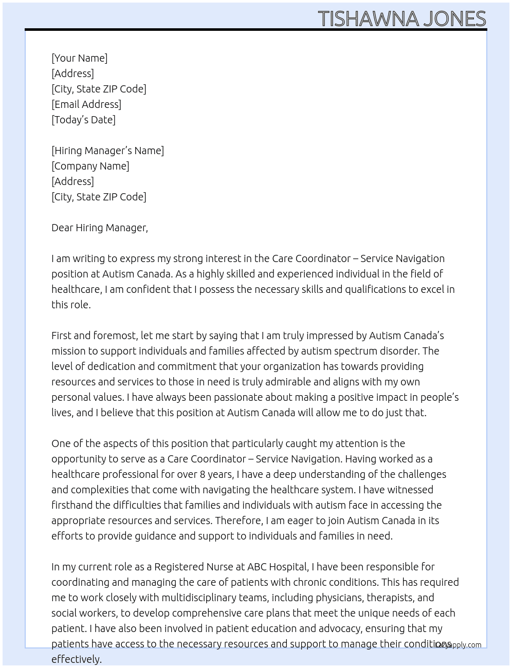 Care Coordinator - Service Navigation At Autism Canada Cover Letter