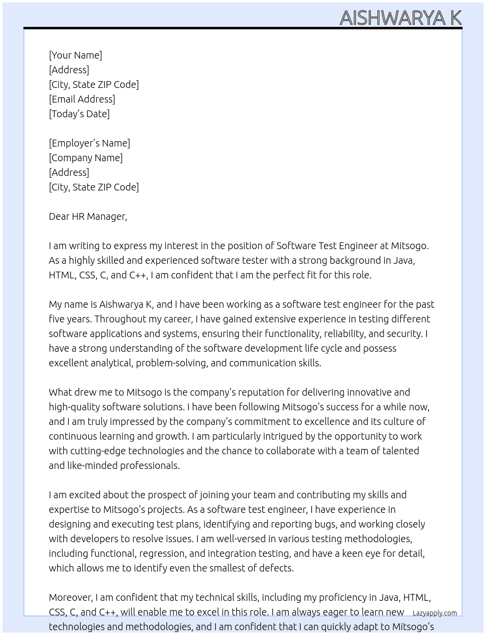 Software test engineer  At Mitsogo Cover Letter