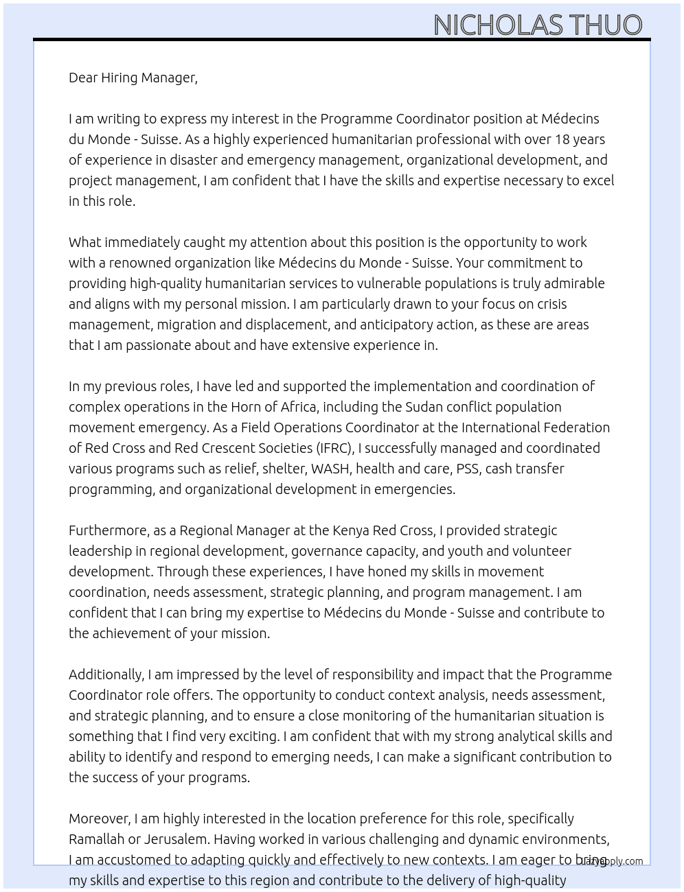 PROGRAMME COORDINATOR At Médecins du Monde - Suisse  Cover Letter