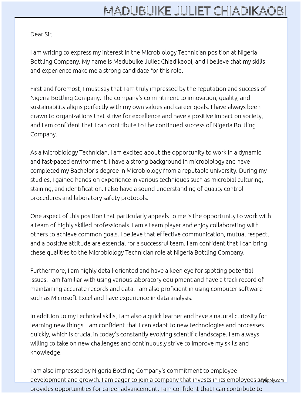 Microbiology Technician At Nigeria Bottling Company Cover Letter