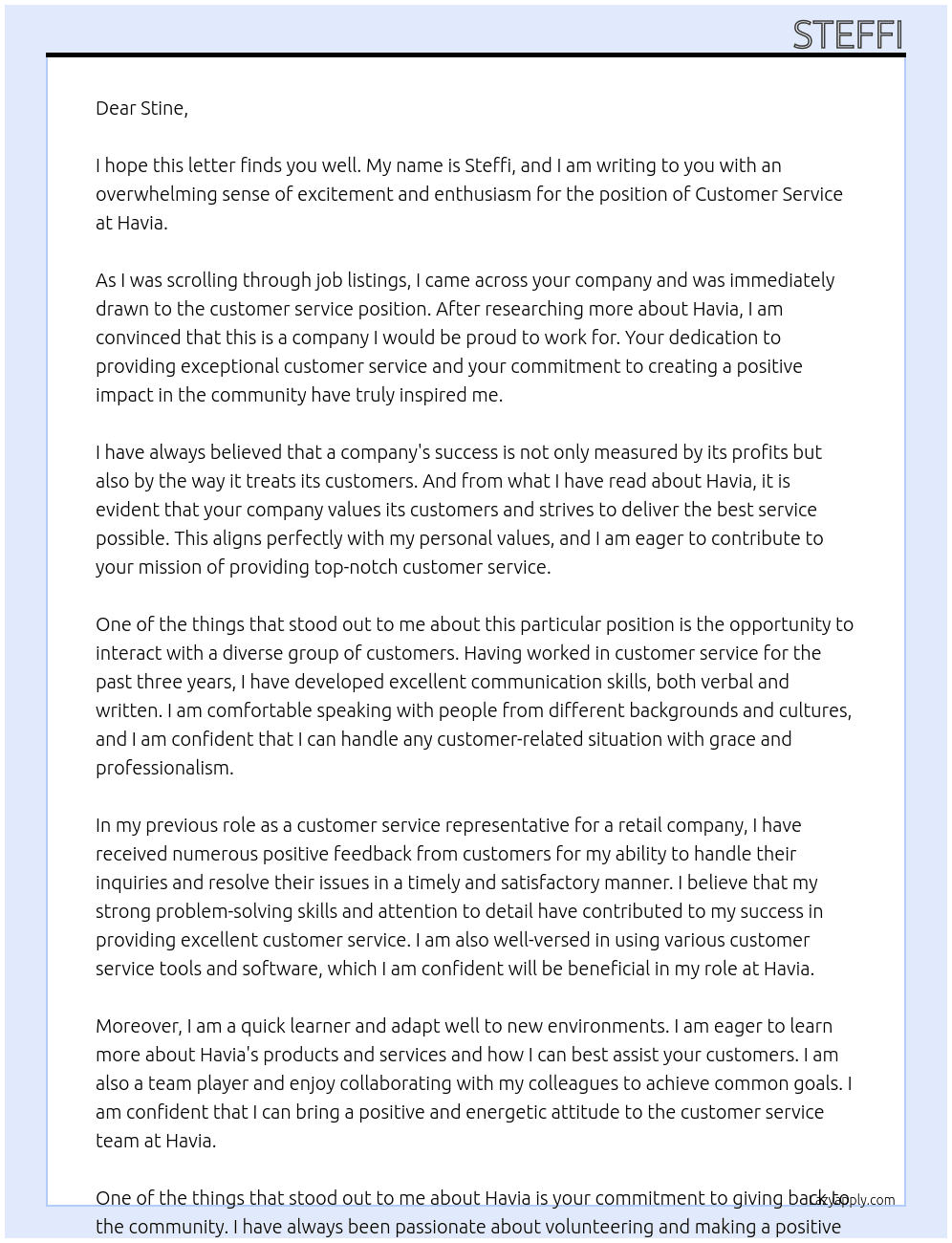 customer service At havia Cover Letter