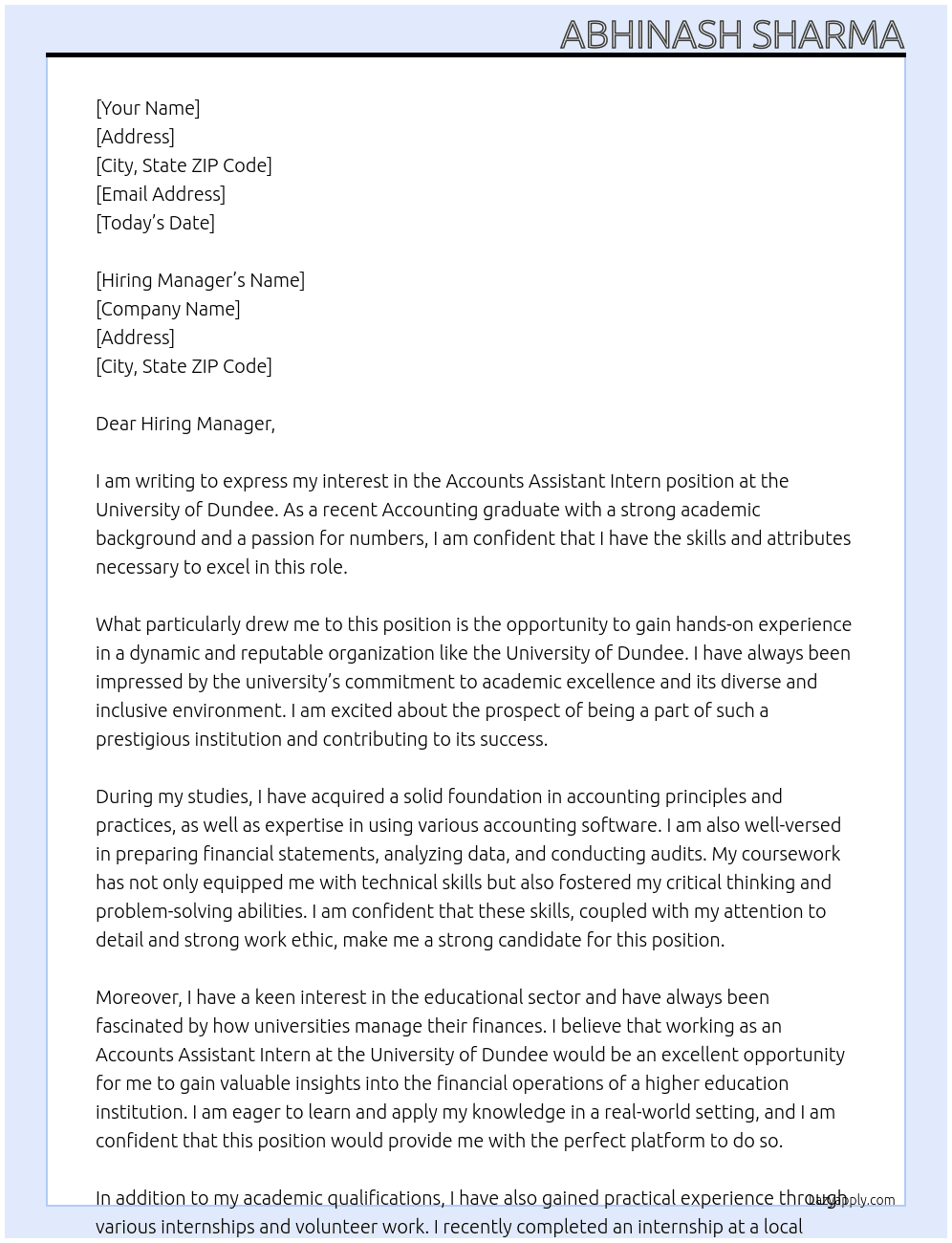 Accounts assitant intern At University of Dundee Cover Letter