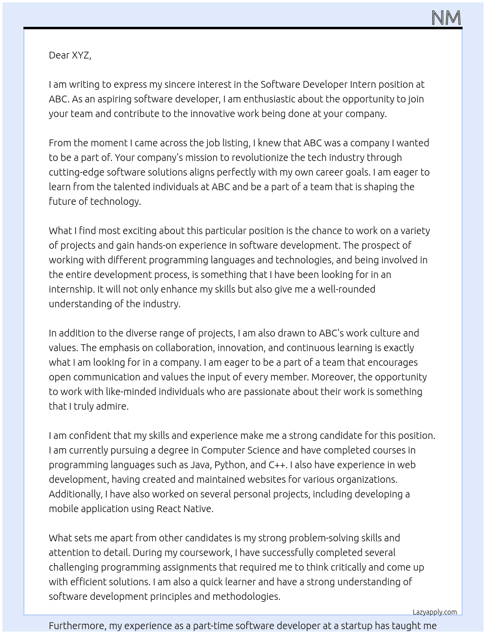 Software Developer Intern At ABC Cover Letter
