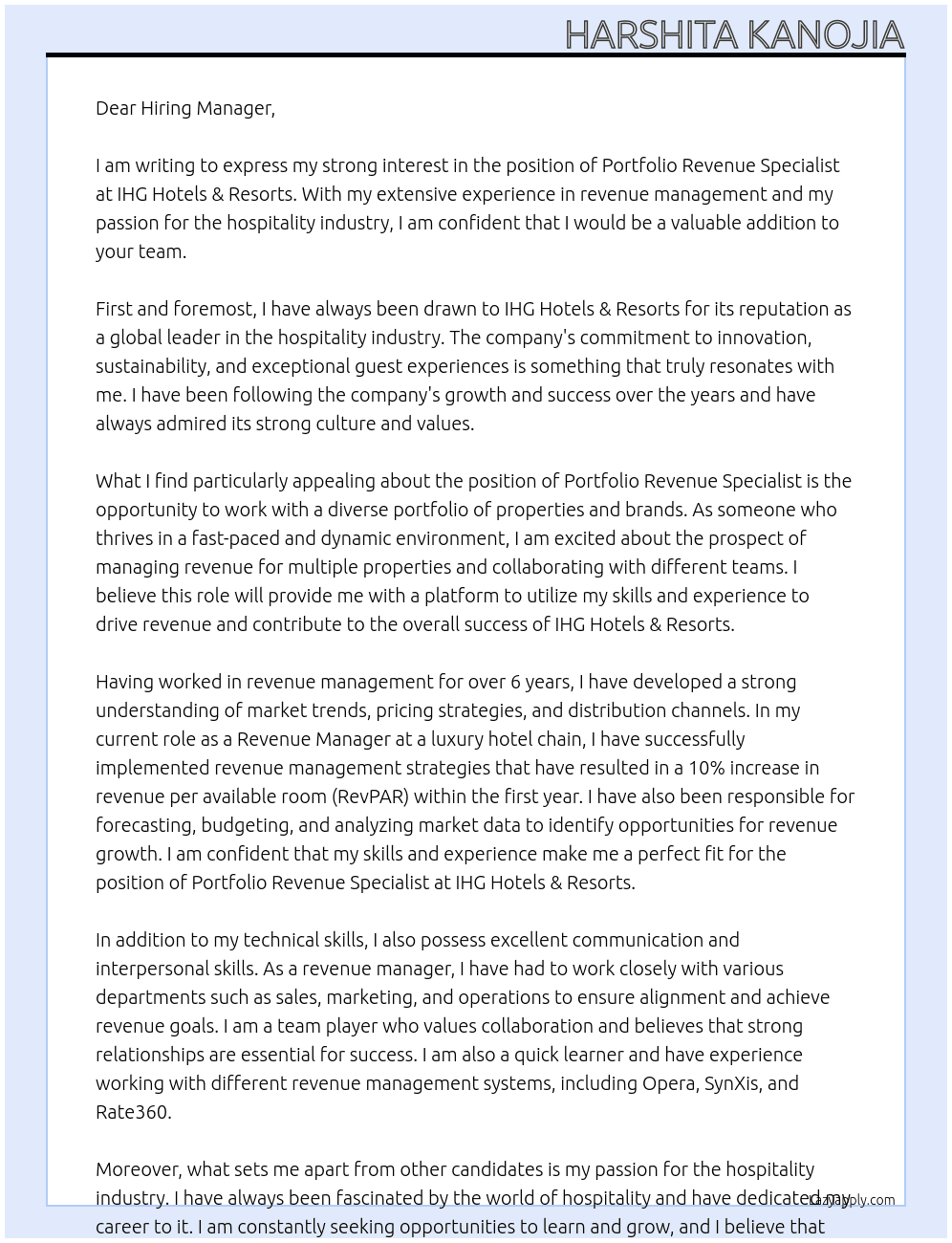 Portfolio Revenue Specialist At IHG Hotels & Resorts Cover Letter