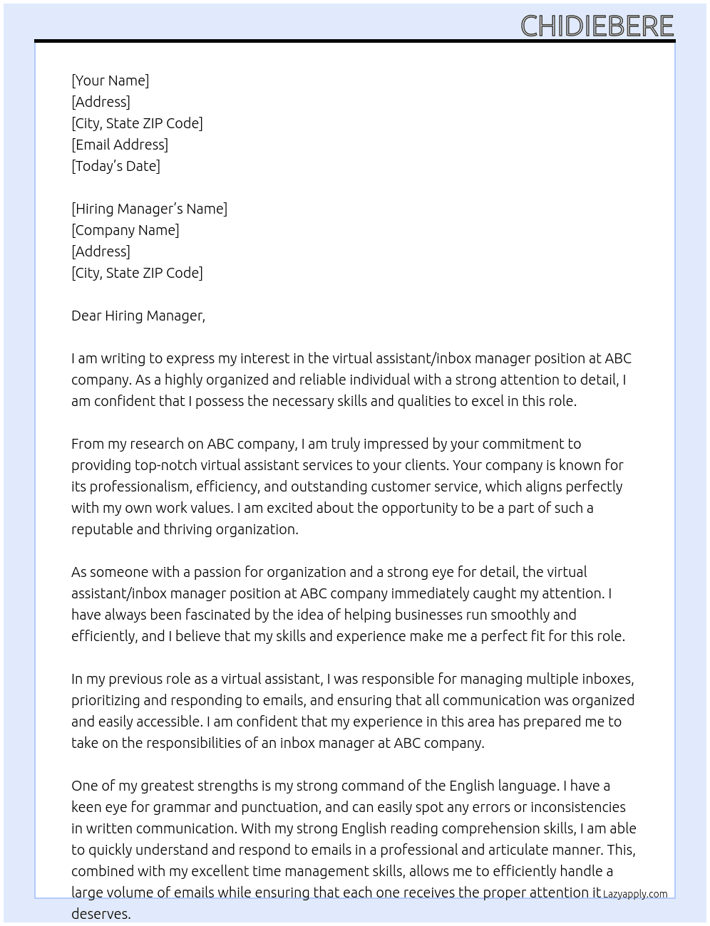 Cover letter for virtual assistant/ inbox manager - LazyApply