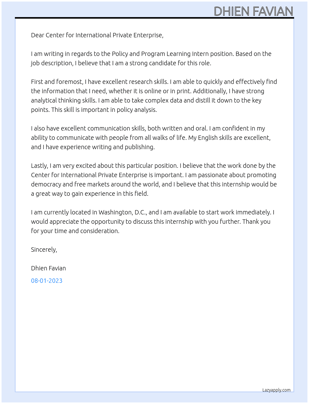 Policy and Program Learning Intern At Center for International Private Enterprise Cover Letter