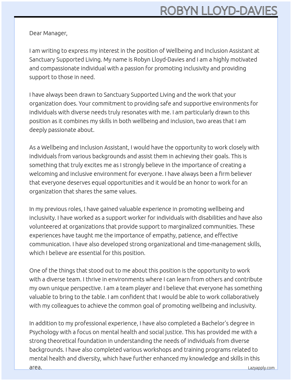 wellbeing and inclusion assistant At Sanctuary Supported Living Cover Letter