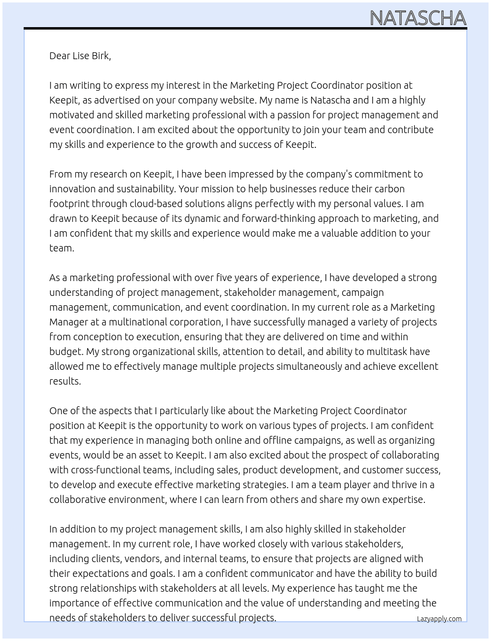Marketing Project Coordinator At Keepit Cover Letter