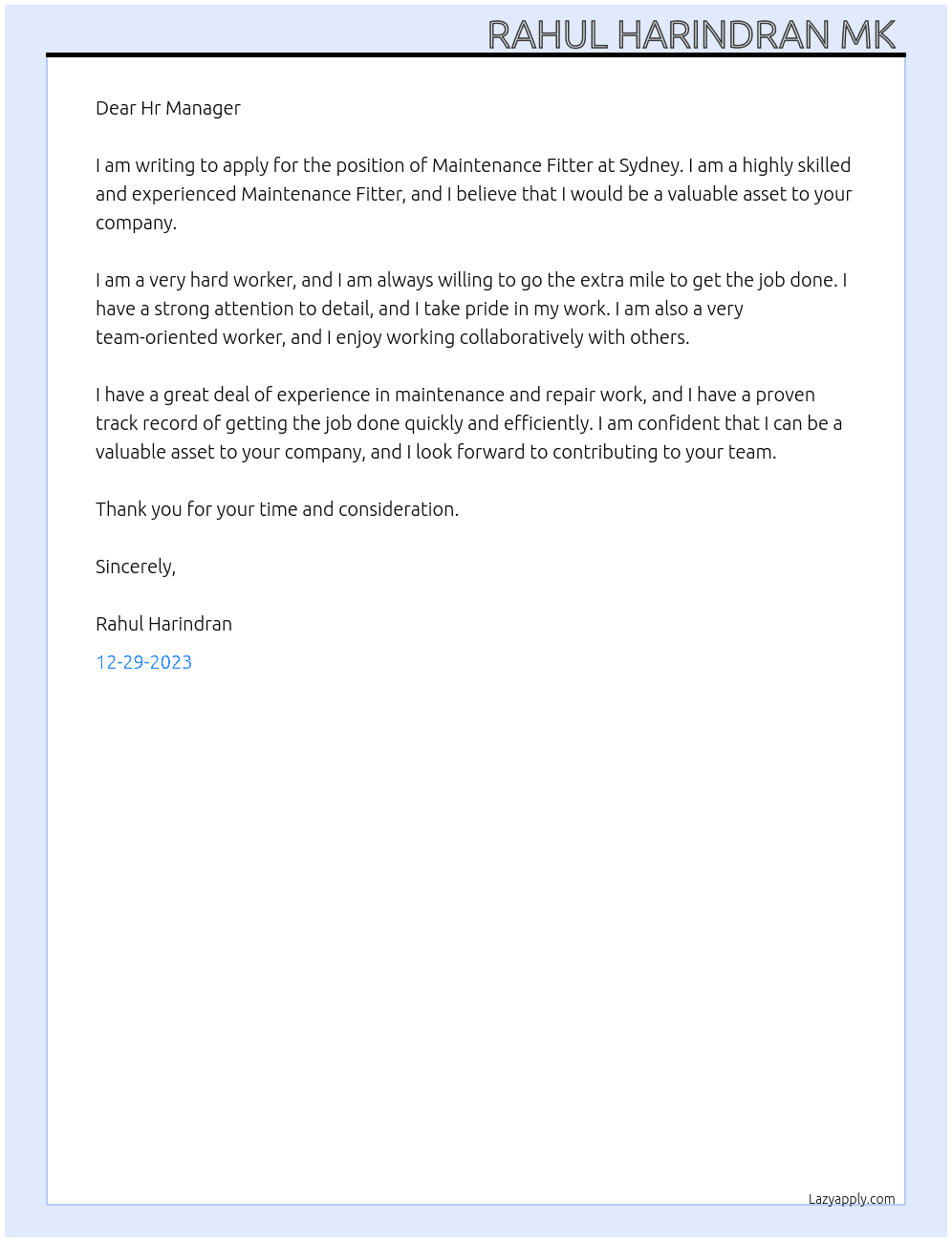 Maintenance Fitter  At Sydney Cover Letter