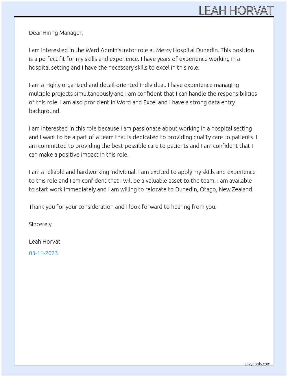 Ward Administrator At Mercy Hospital Dunedin Cover Letter