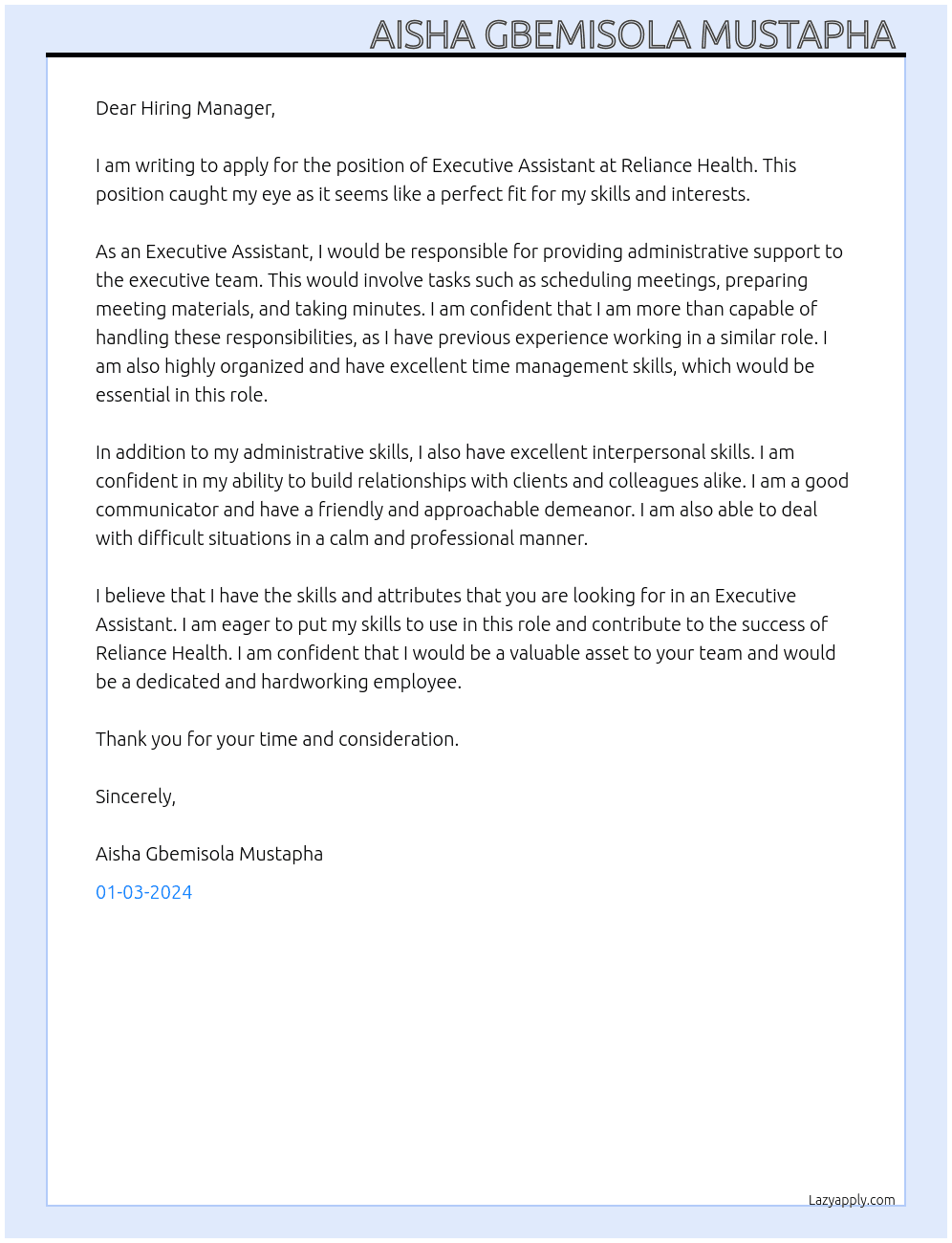 Executive Assistant  At Reliance Health Cover Letter