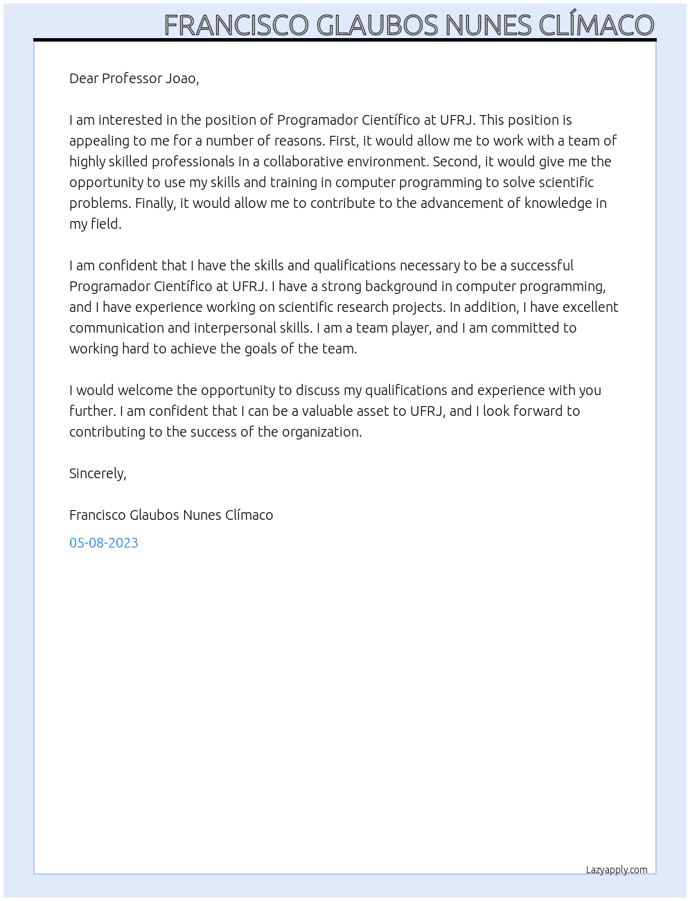 Programador Científico At UFRJ Cover Letter
