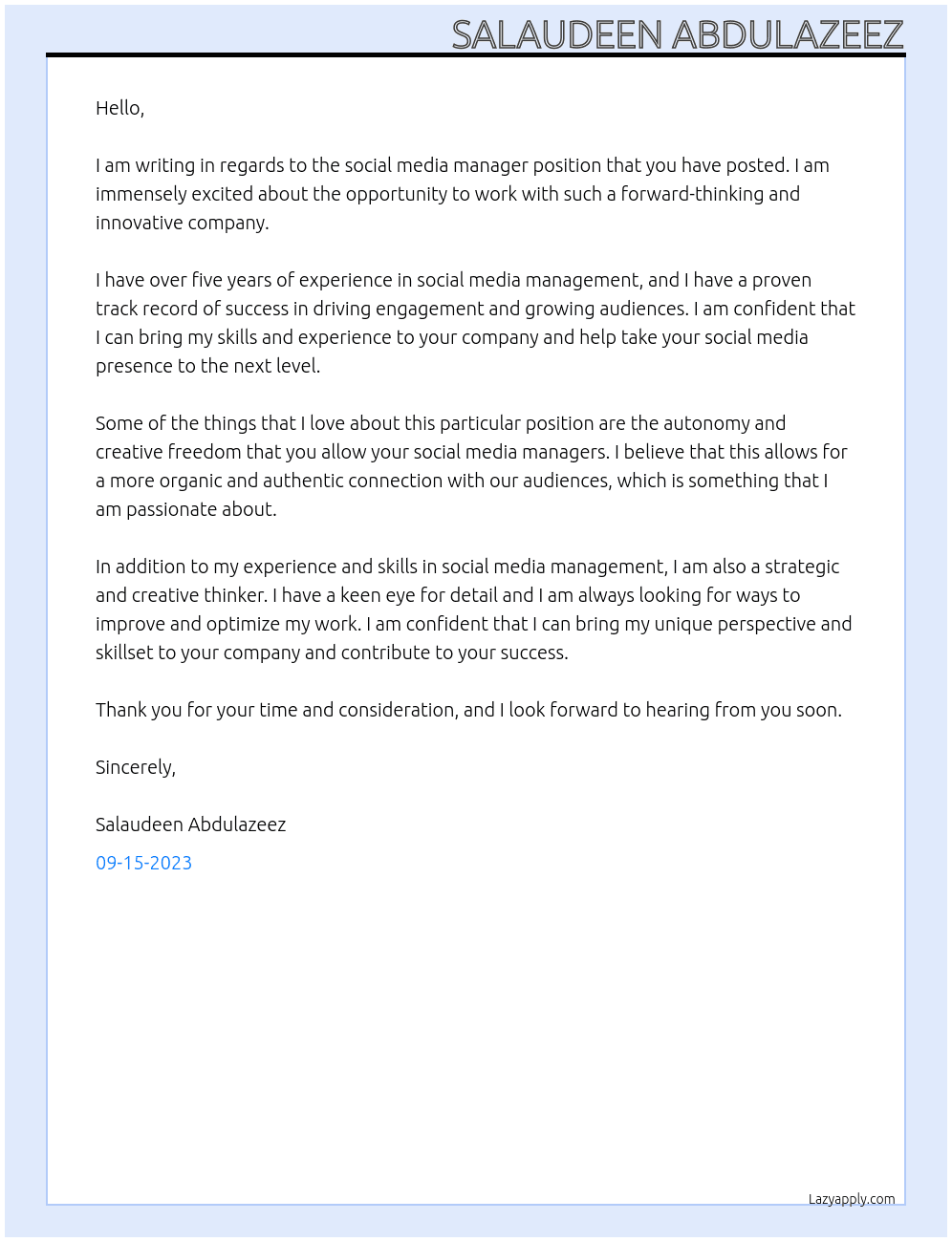Social media manager At Social media manager Cover Letter