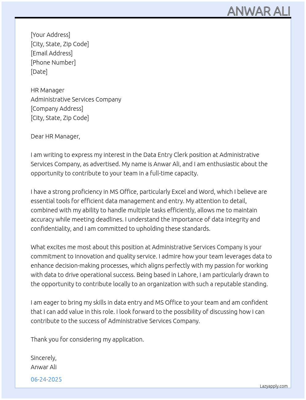 Data Entry Clerk At Administrative Services Company Cover Letter
