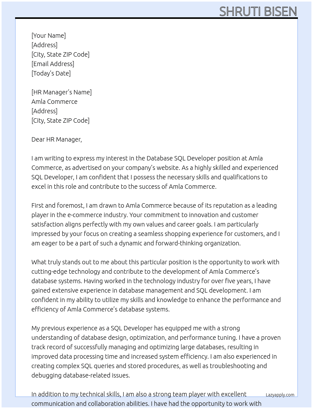 Database SQL Developer At Amla Commerce Cover Letter