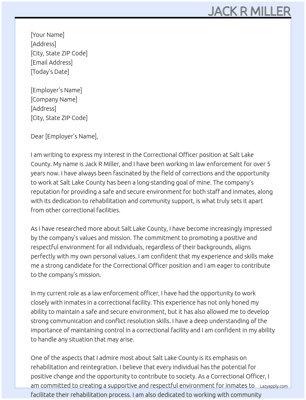 Correctional Officer At Salt Lake County Cover Letter