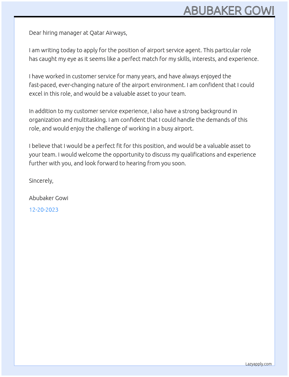 airport service agent At qatar airways Cover Letter