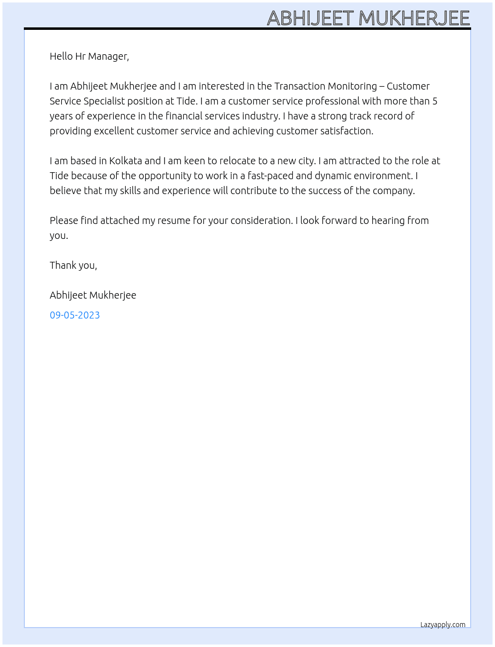 Transaction Monitoring – Customer Service Specialist At Tide Cover Letter