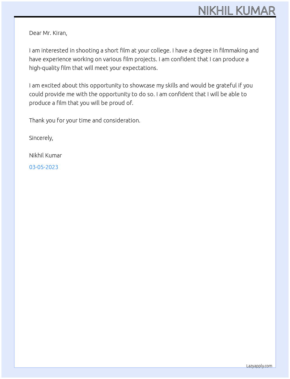 Requesting for Shooting short film At Sree Medha College  Cover Letter