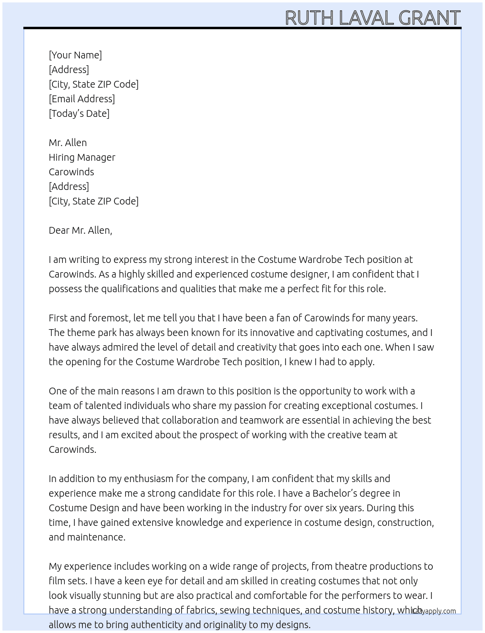 Costume Wardrobe Tech At Carowinds Cover Letter