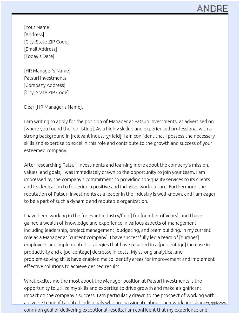 Manager At Patsuri investments Cover Letter