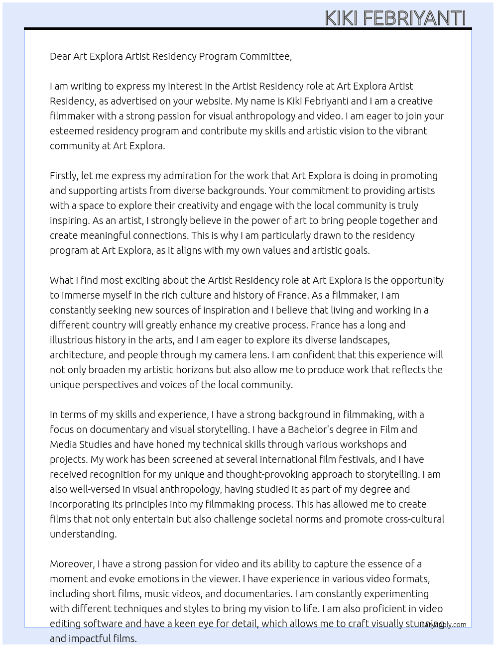 Artist  At Art Explora Artist Residency  Cover Letter