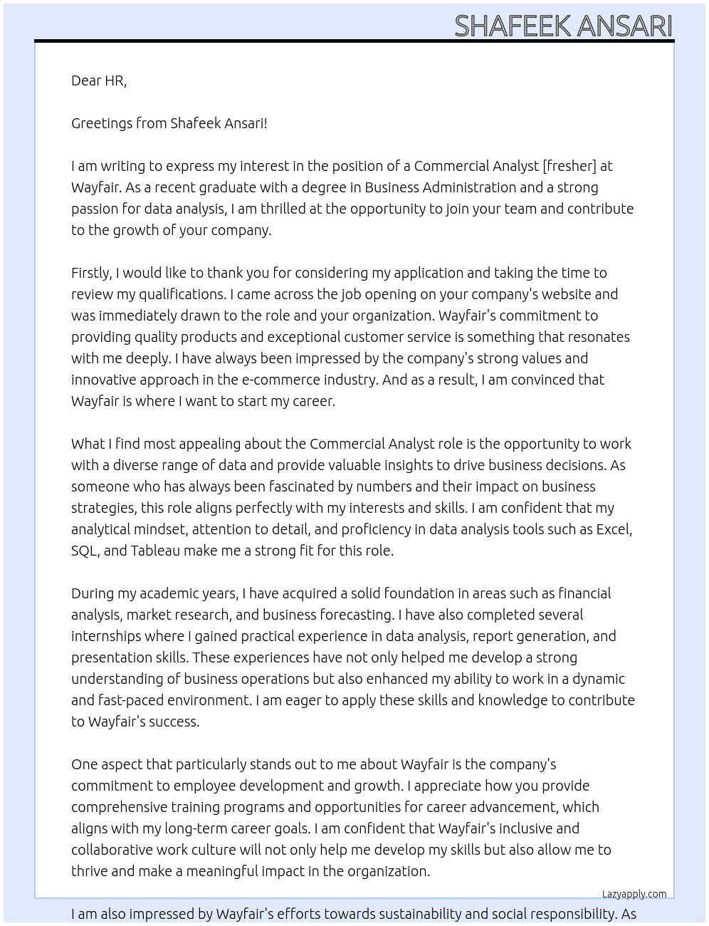 Commercial Analyst [fresher] At wayfair Cover Letter