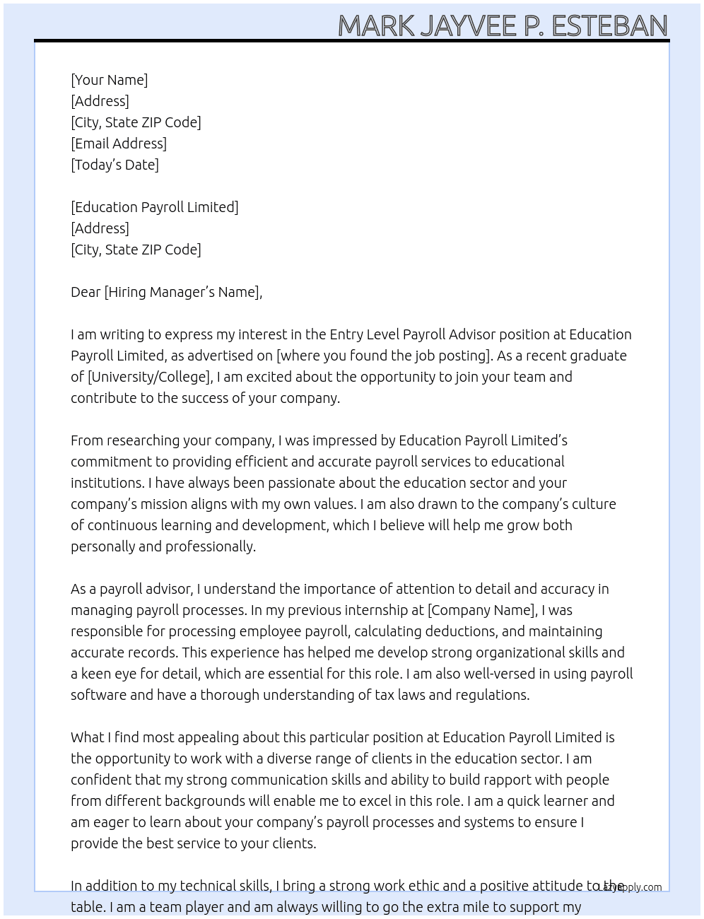 Entry Level Payroll Advisor At Education Payroll Limited Cover Letter