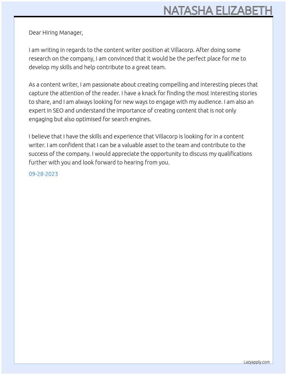 Content writer  At Villacorp  Cover Letter