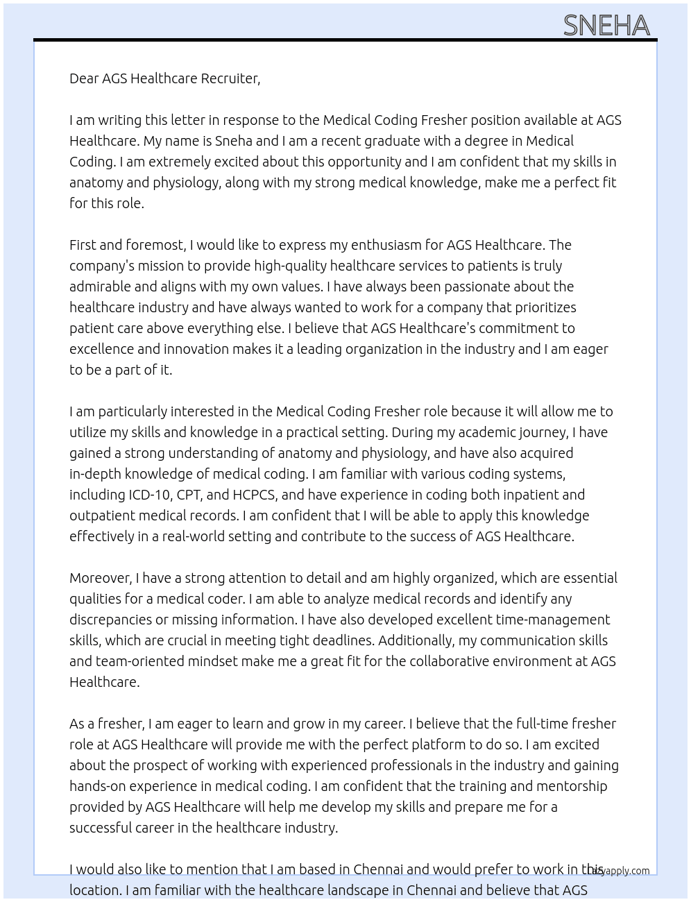 Medical coding fresher At AGS healthcare  Cover Letter