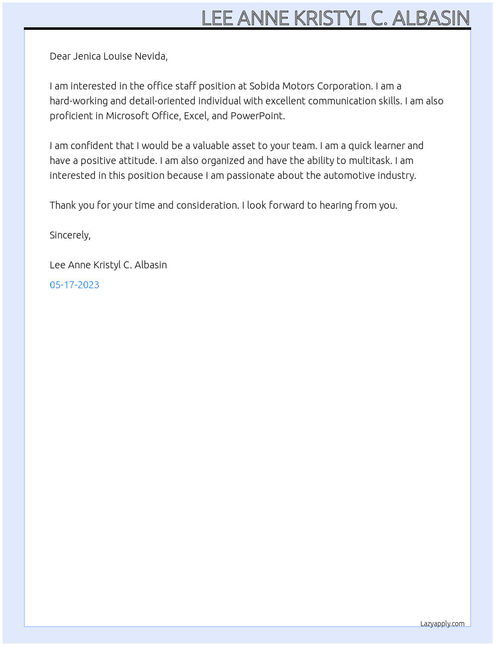 Office Staff At Sobida Motors Corporation Cover Letter