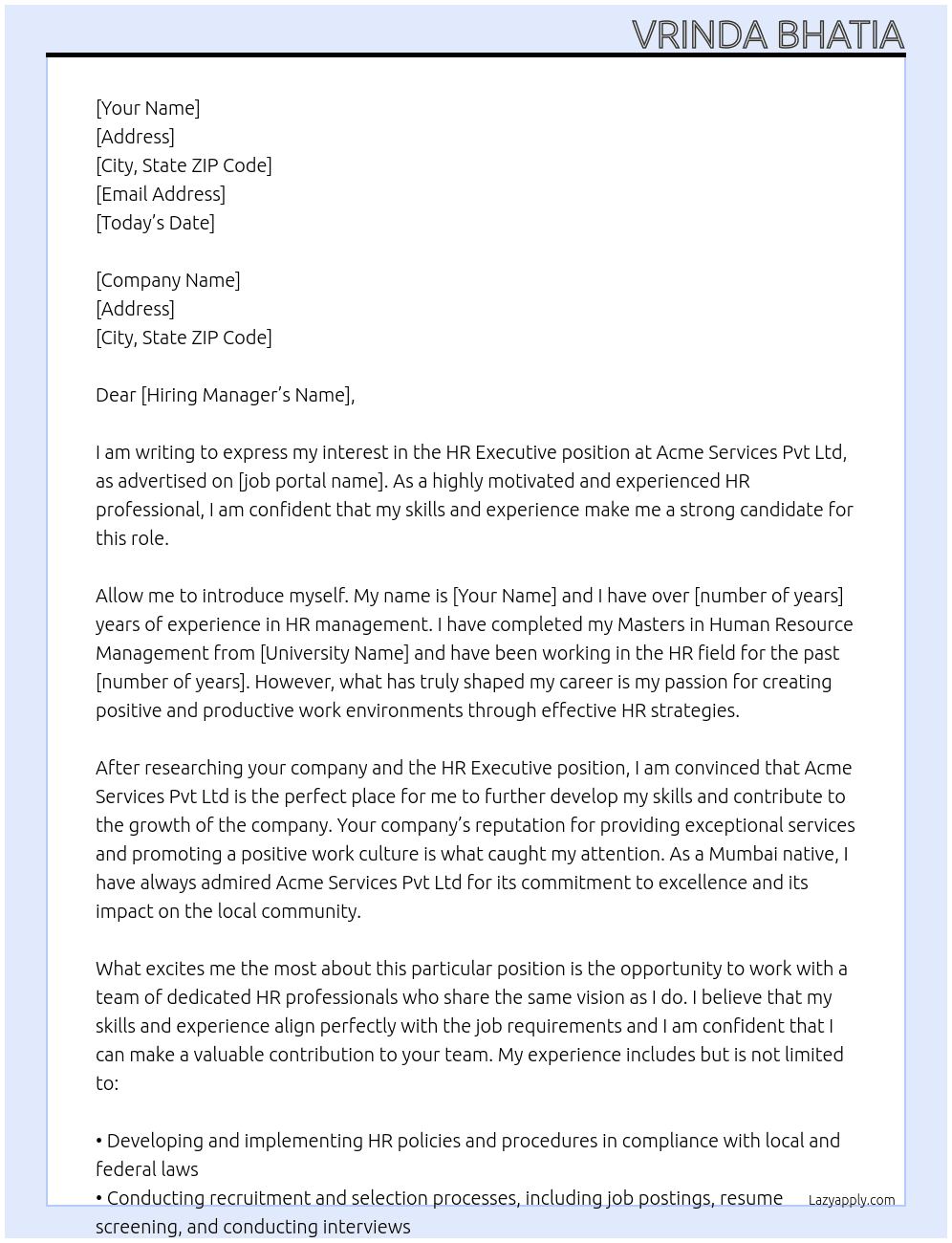 HR Executive  At Acme Services Pvt Ltd  Cover Letter