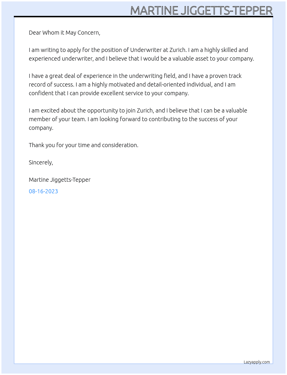 Underwriter At Zurich Cover Letter