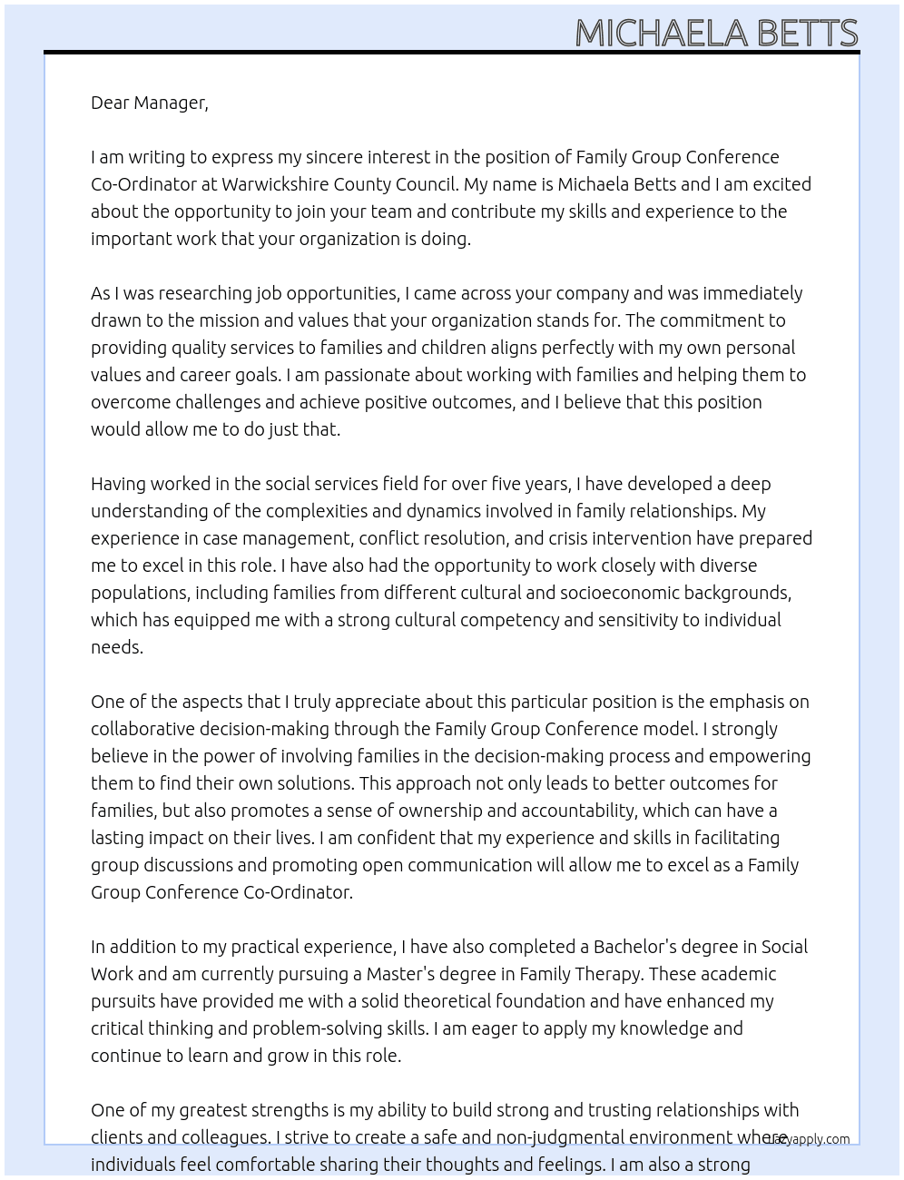 Family Group Conference Co-Ordinator  At Warwickshire County Council Cover Letter