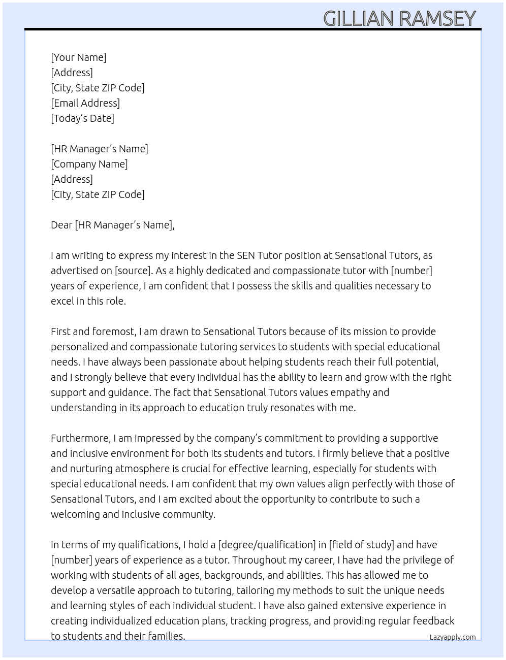 SEN Tutor  At Sensational Tutors Cover Letter