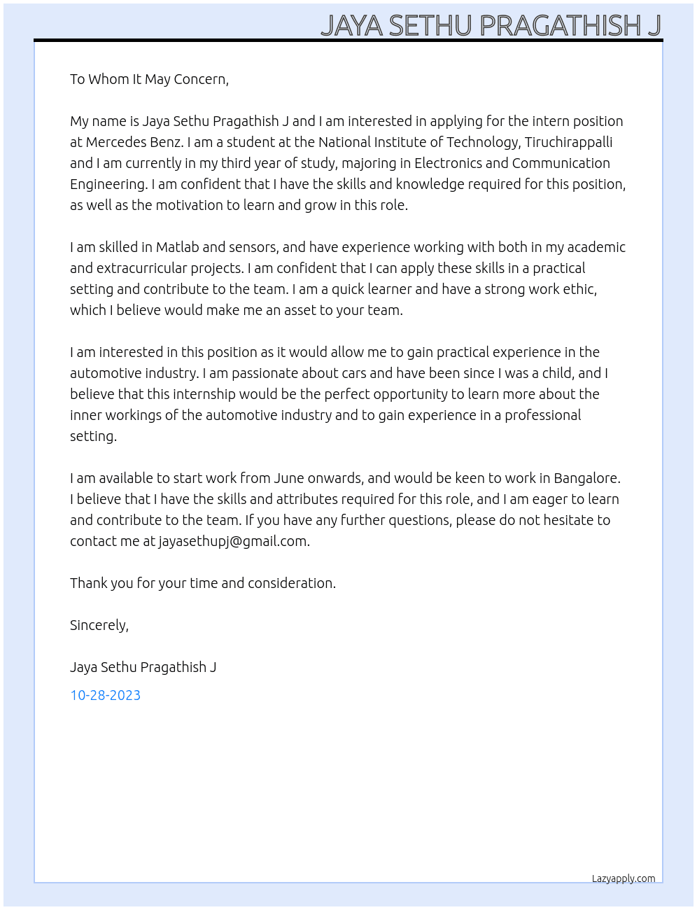 intern At Mercedes Benz Cover Letter