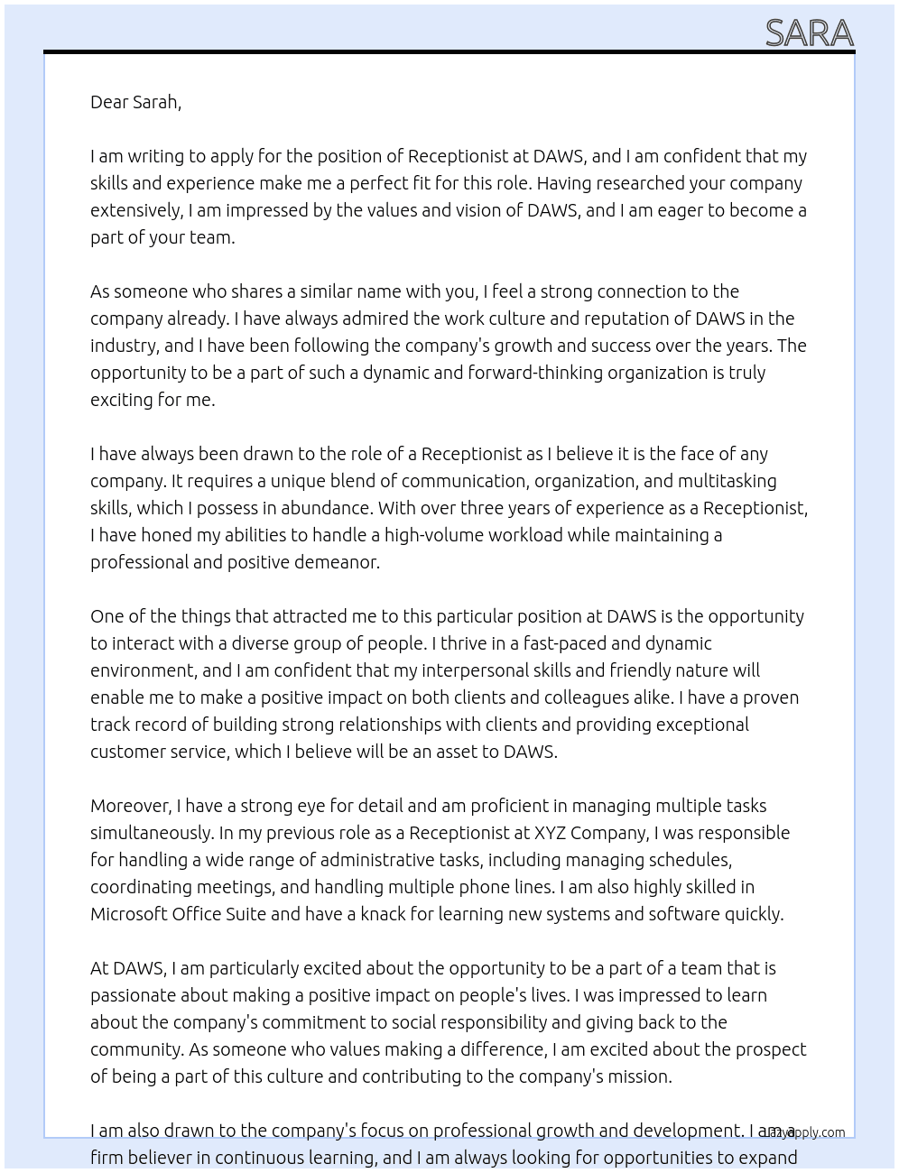 Receptionist At DAWS Cover Letter