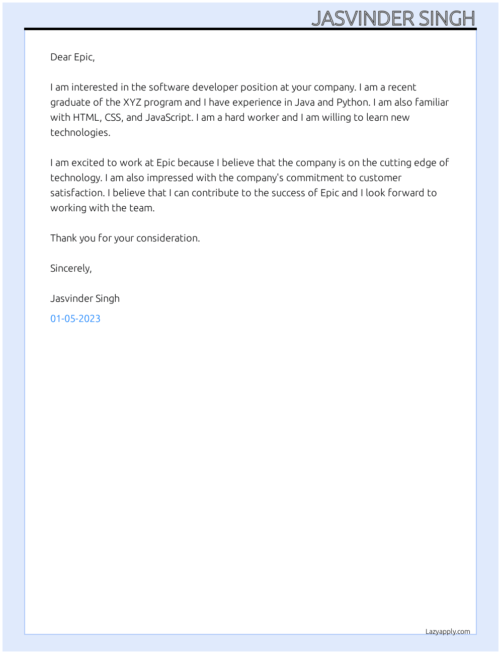 software developer At Epic Cover Letter