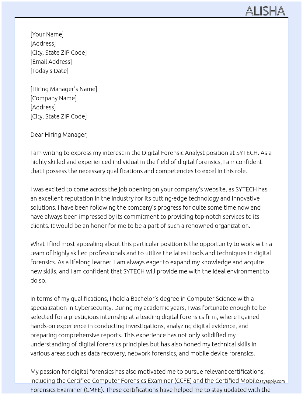 Digital Forensic Analyst At SYTECH  Cover Letter