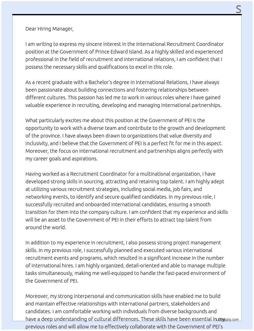 International Recruitment coordinator At Governemnt of PEI Cover Letter