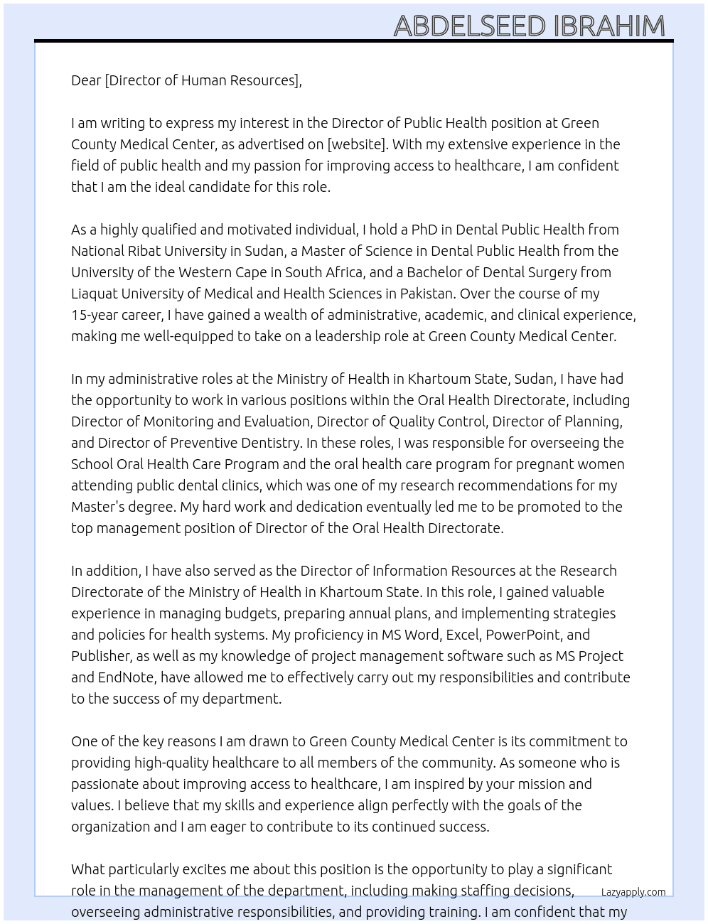 Director, Public Health At Green County Medical Center  Cover Letter