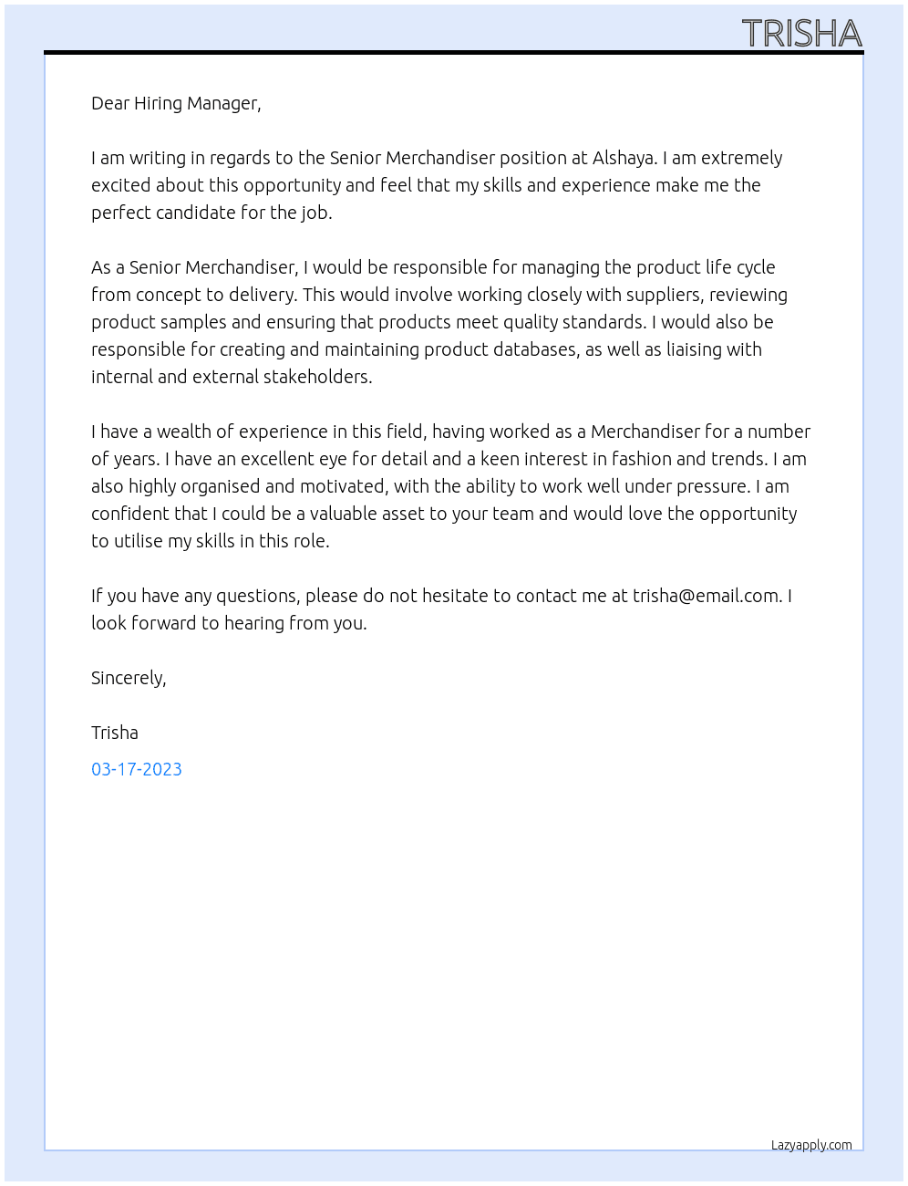 Senior Merchandiser At Alshaya Cover Letter