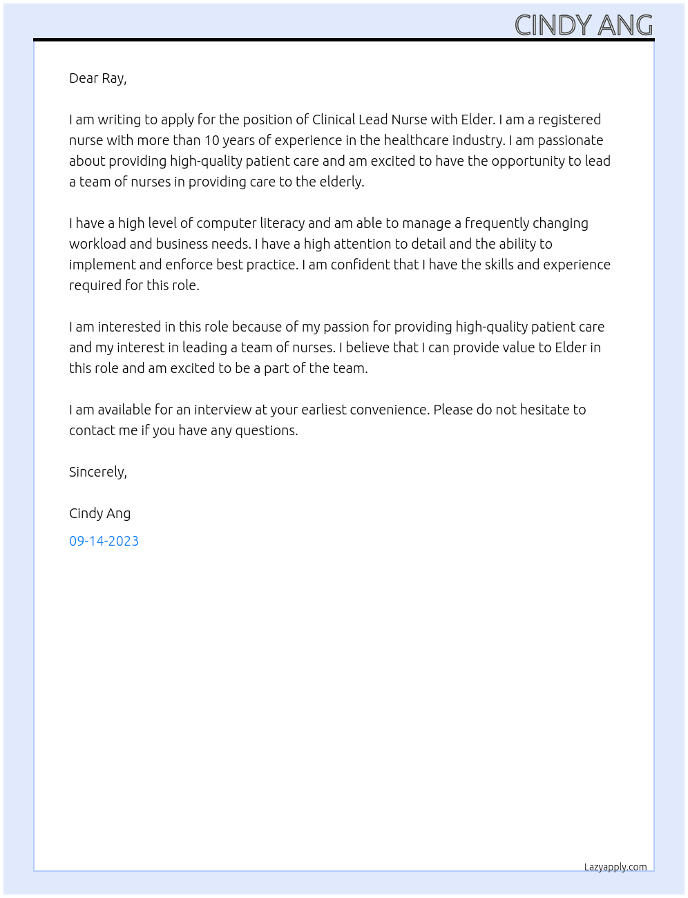 clinical lead nurse At Elder Cover Letter