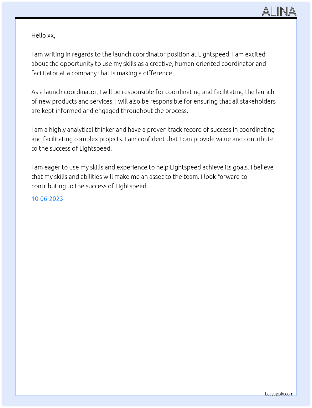 Launch coordinator At Lightspeed Cover Letter