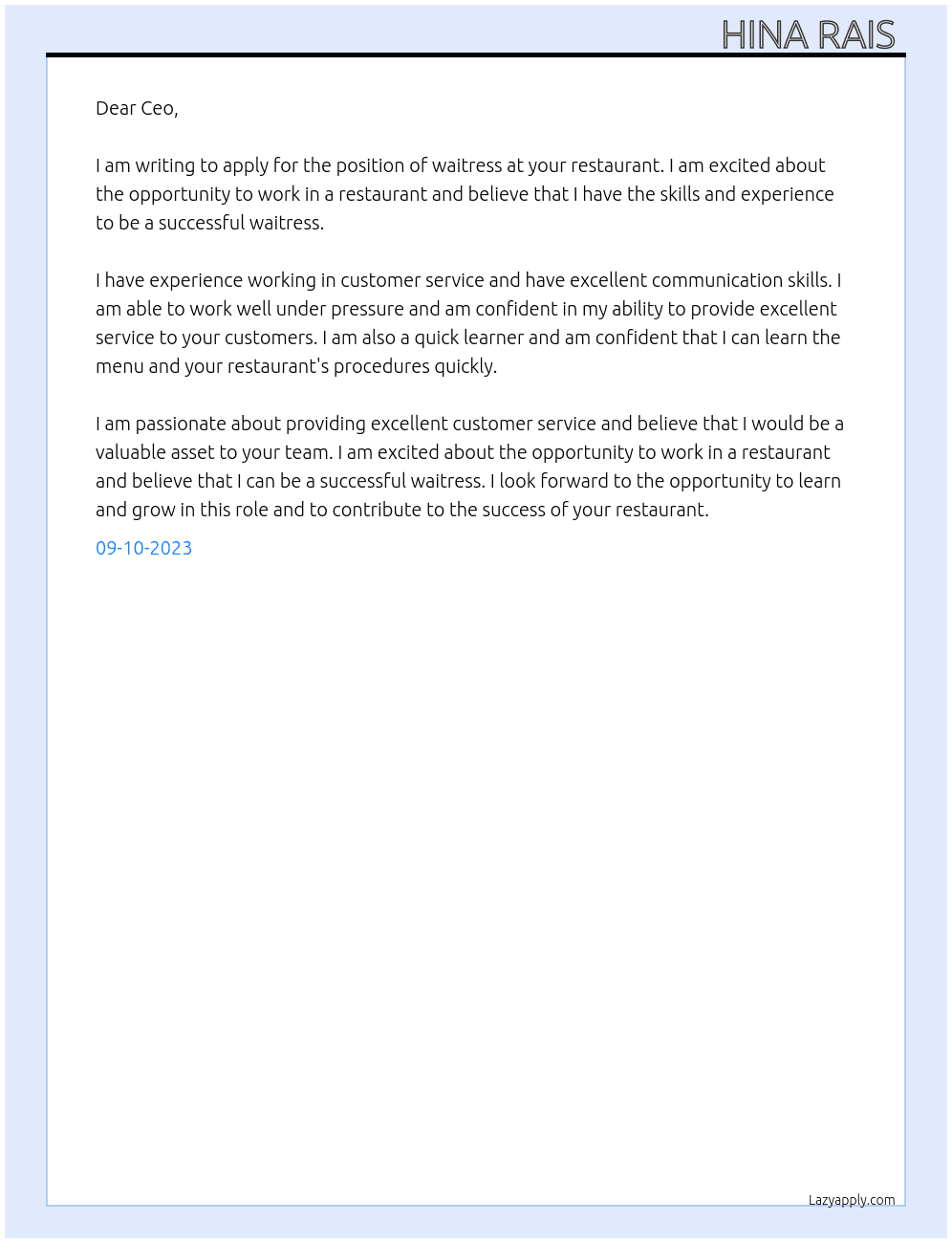 Waitress At Restaurants Cover Letter