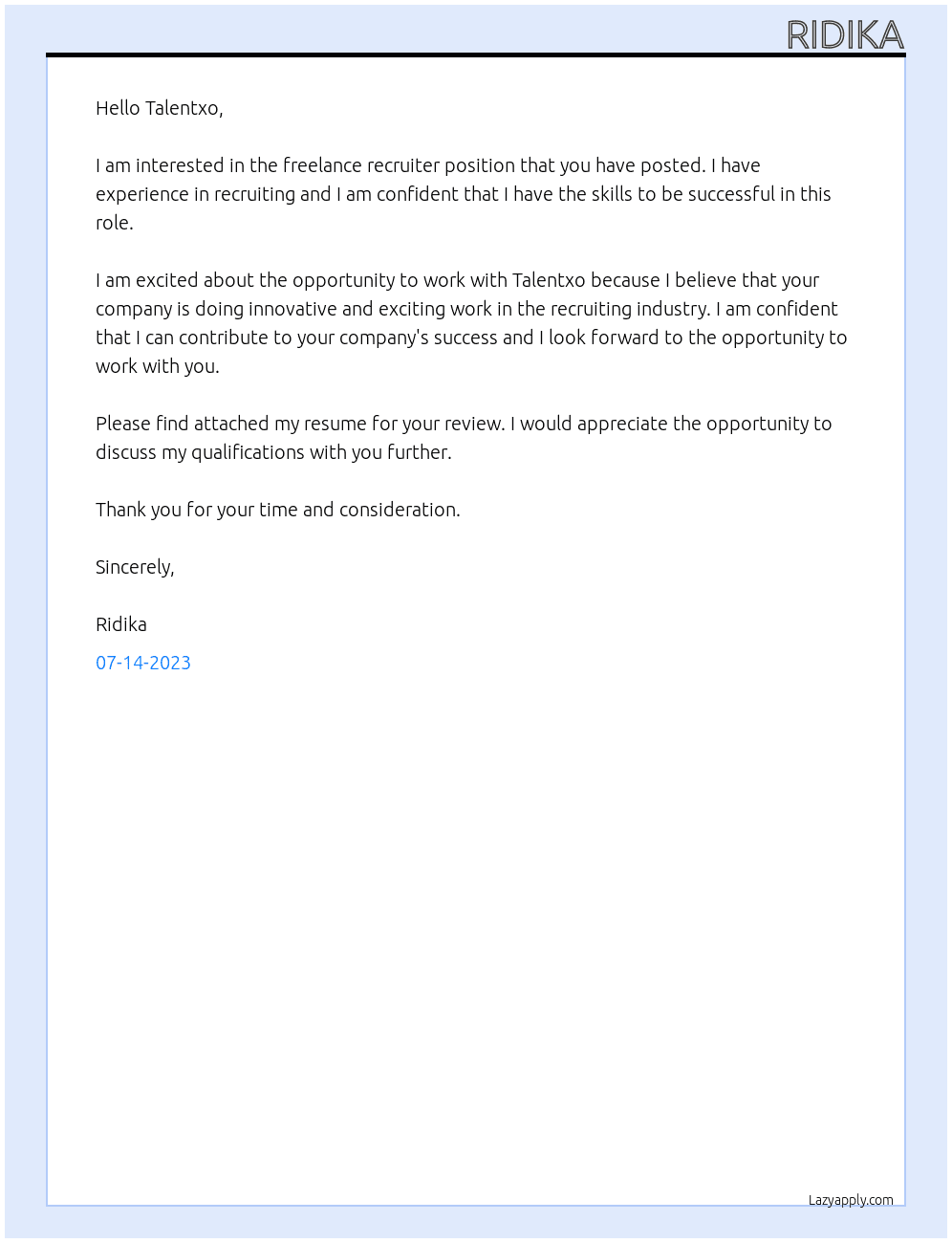 Recruiter At Talentxo Cover Letter