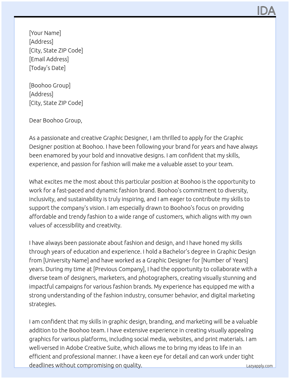 Graphic Designer At Boohoo Cover Letter