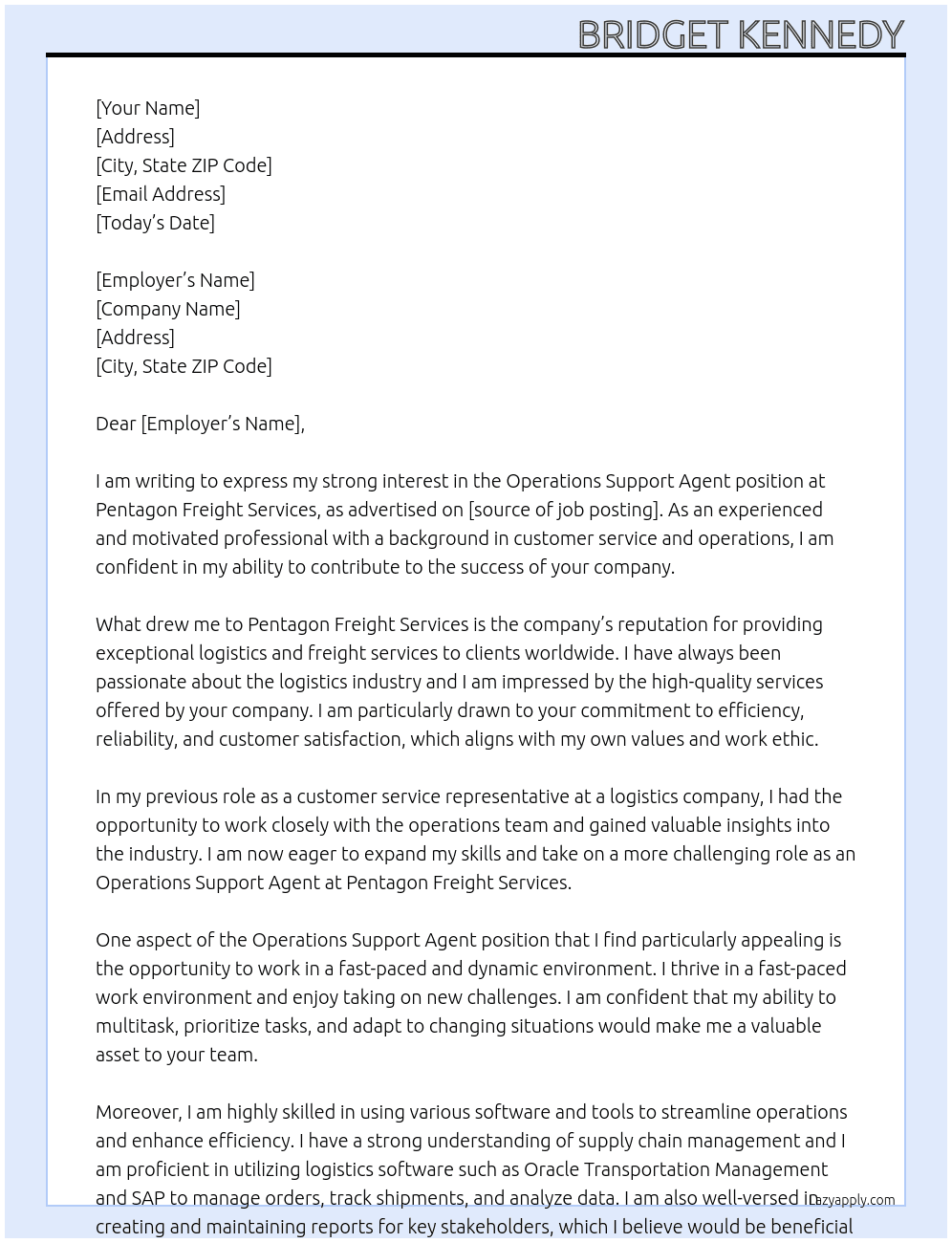 Operations Support Agent At Pentagon Freight Services Cover Letter
