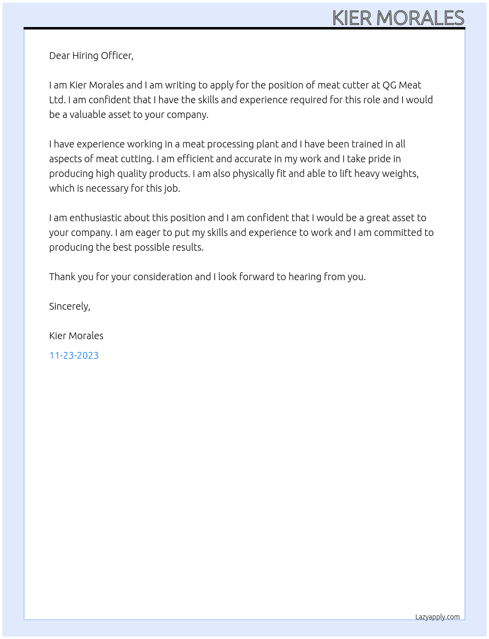 meat cutter At QG Meat Ltd  Cover Letter